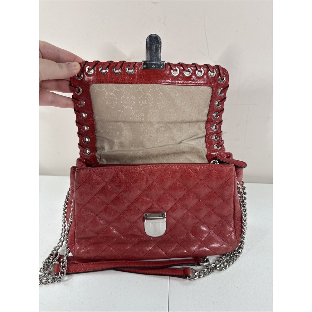 Michael Kors Hippie Grommet Sloan Large Quilted Shoulder Flap Handbag Red Silver - Picture 6 of 11